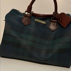 Polo Ralph Lauren Plaid Satchel Bag with Brown Leather Trim